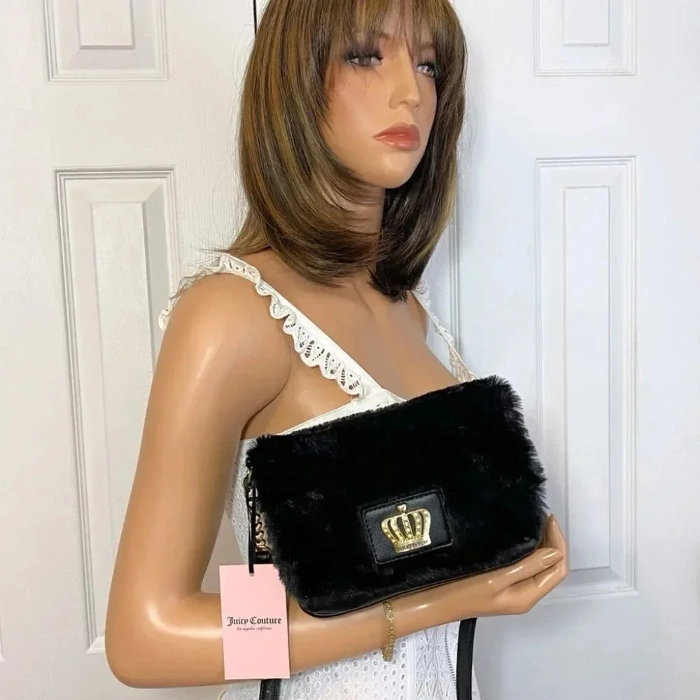 Juicy Couture Black Fur Bag & Heart Pom Pom Keychain Charm Gift Set - Picture 5 of 14